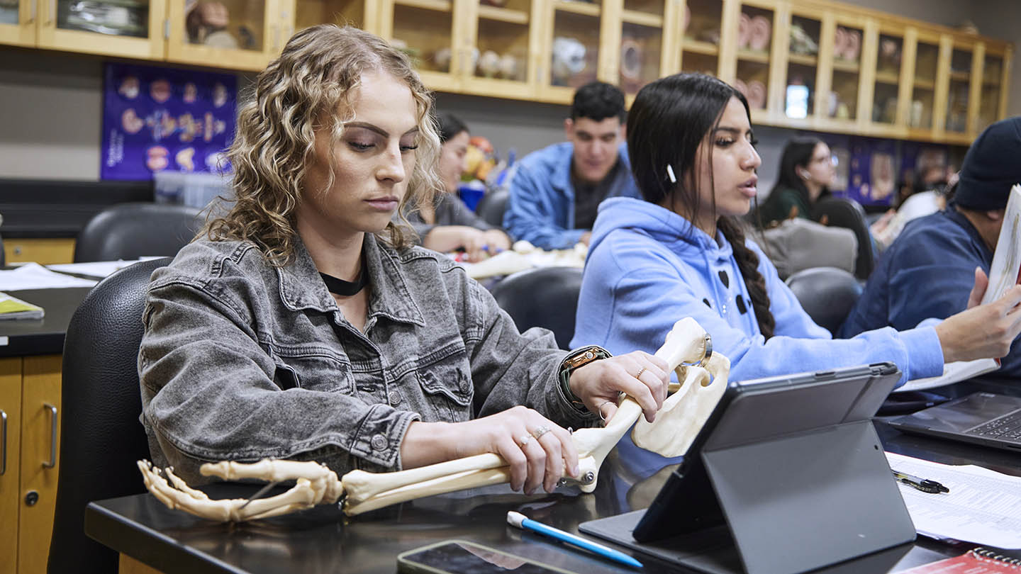 Female student holds hand and arm section of skeleton in front of personal computer screen while sitting with other students at black lab tables.