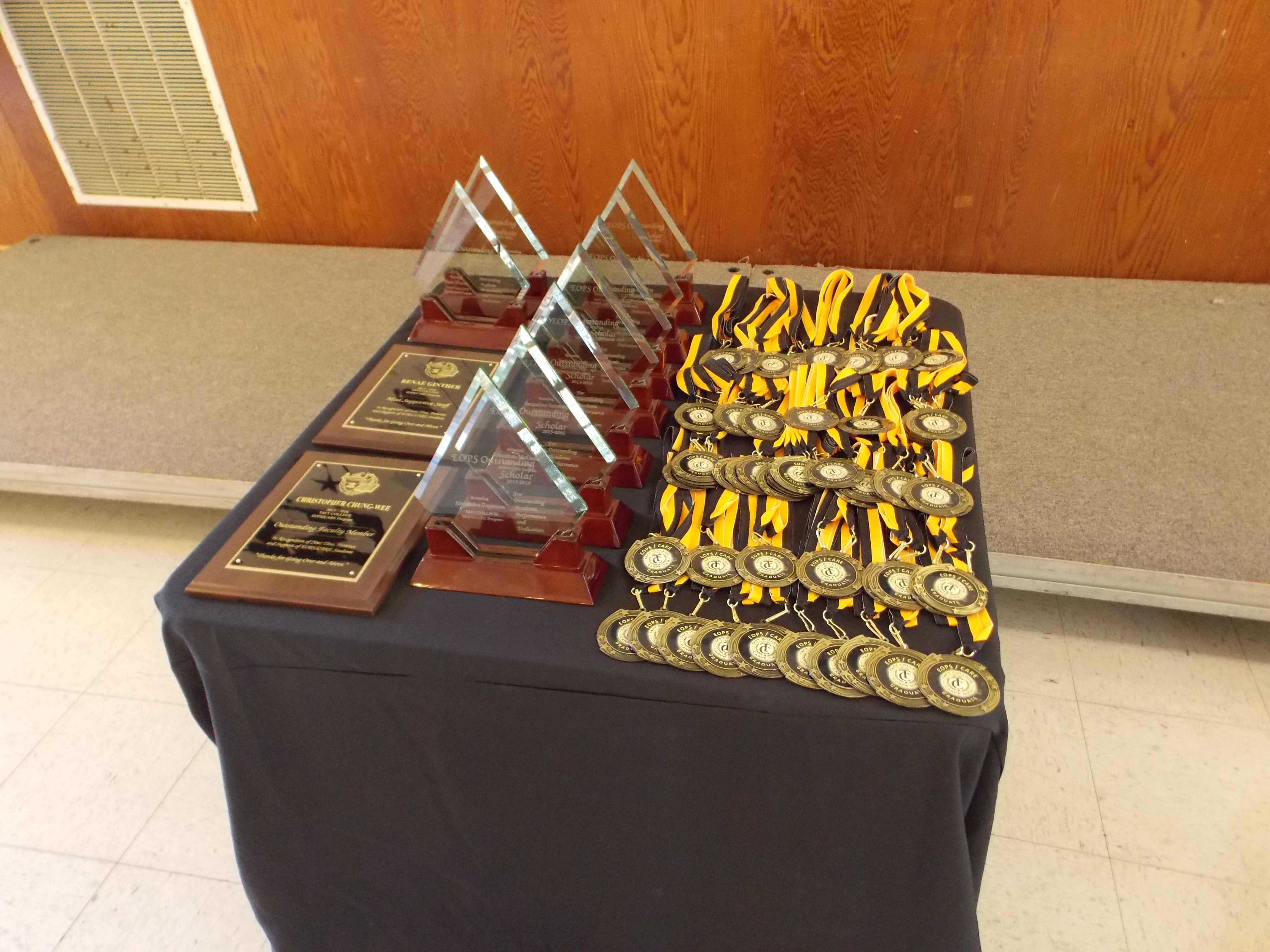 The awards table for the Spring 2016 EOPS End of the Year Luncheon