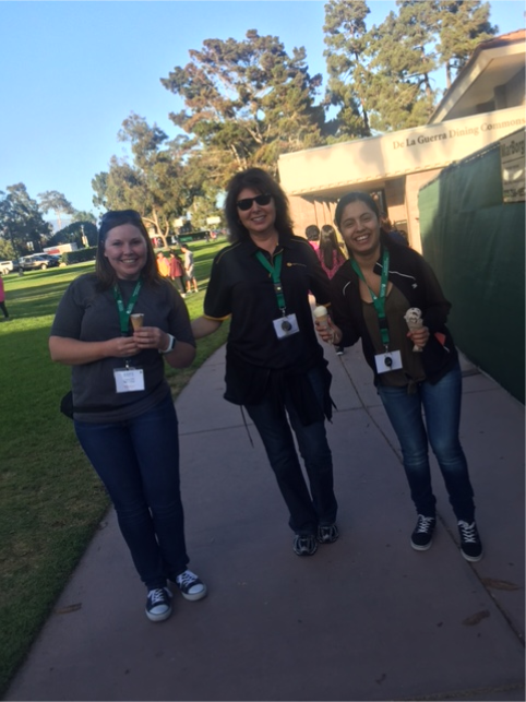 Laura Hill, Lourdes Gonzalez and Maria Cervantes enjoying ice cream after dinner at UC Santa Barbara