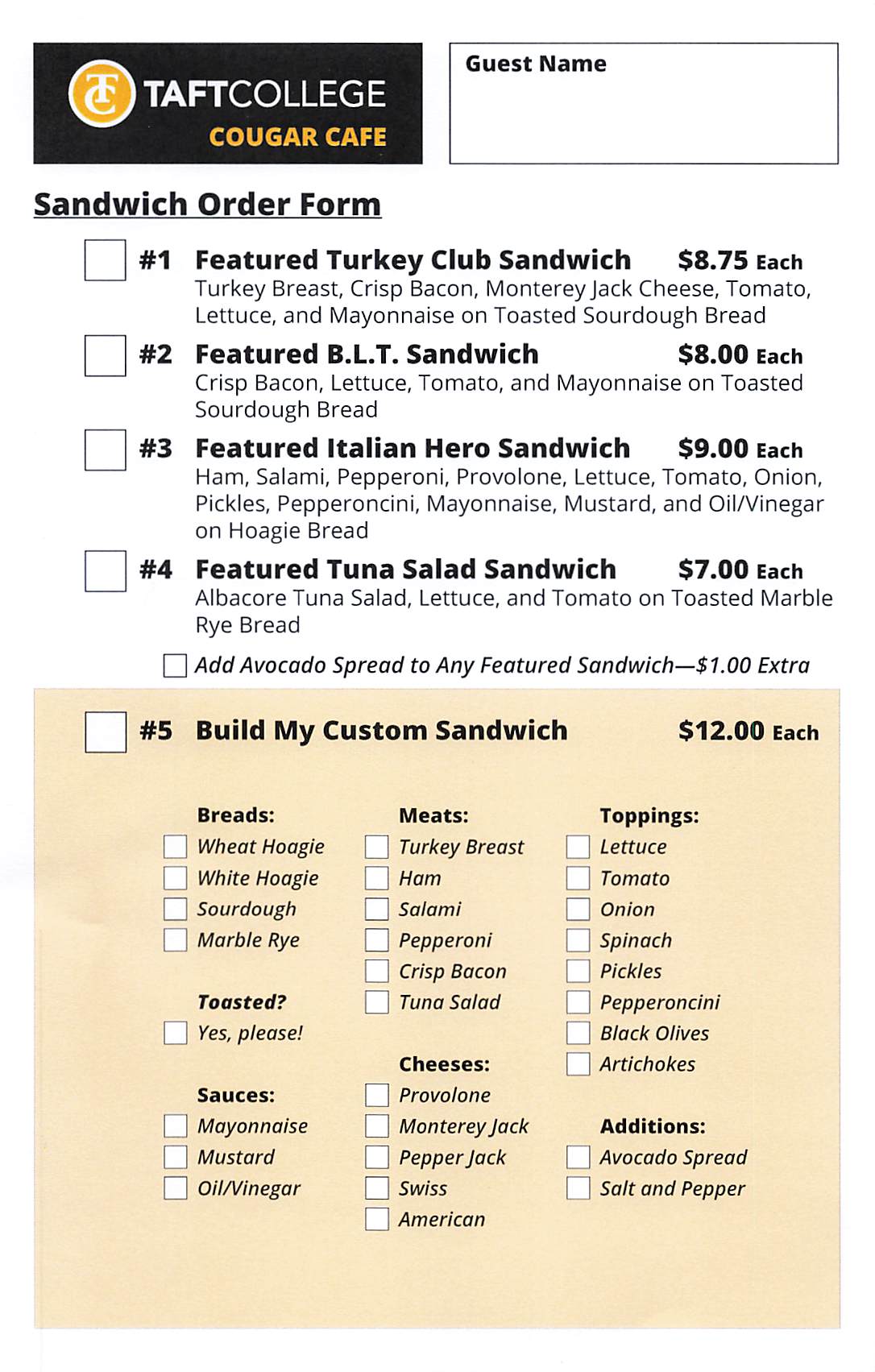 Cold Sandwich Order Form