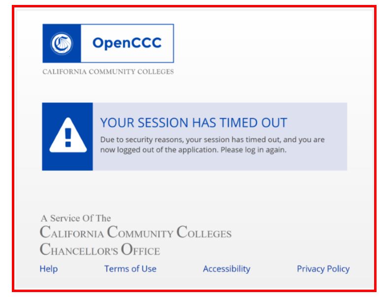 Screenshot of the OpenCCC error message stating "Your Session has Timed Out"