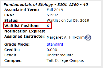 A screenshot of the Student Detail Schedule with "Waitlist Position" outlined in red.