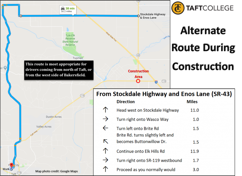 A map depicting the northern alternate route to Taft College