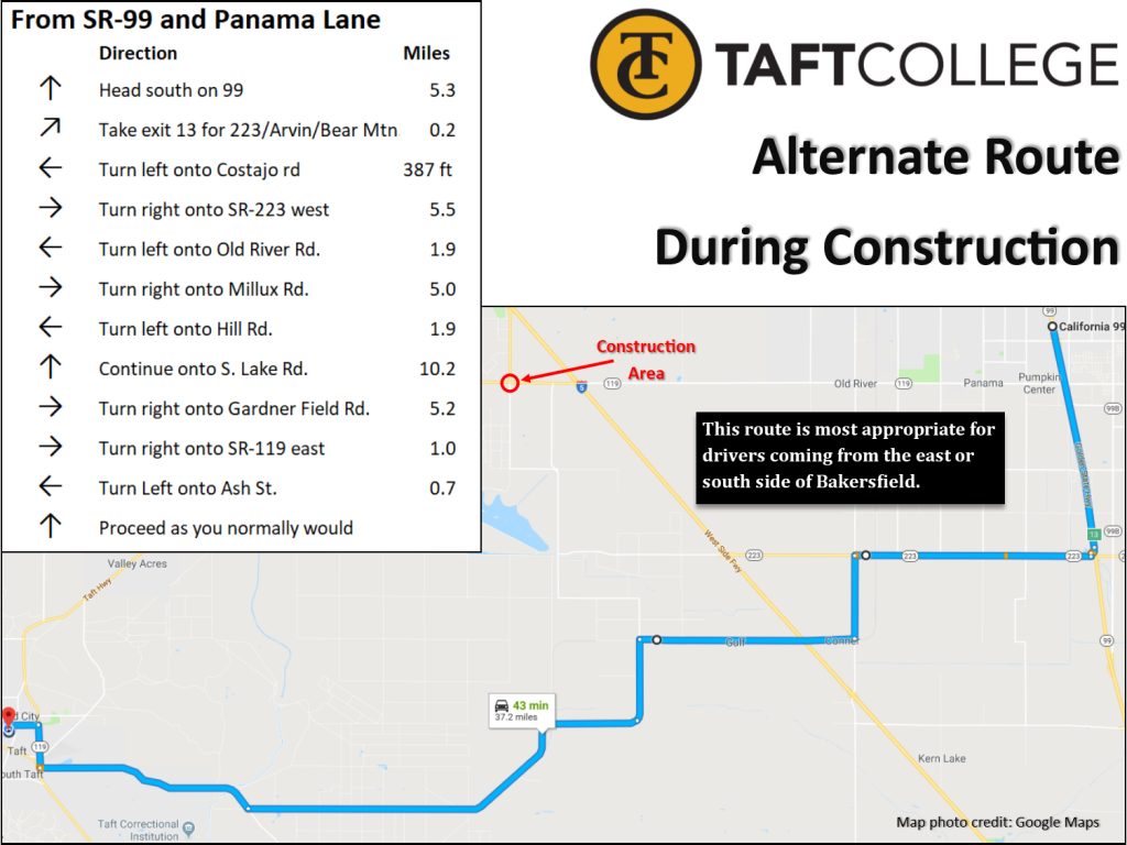 A map depicting the southern alternate route to Taft College