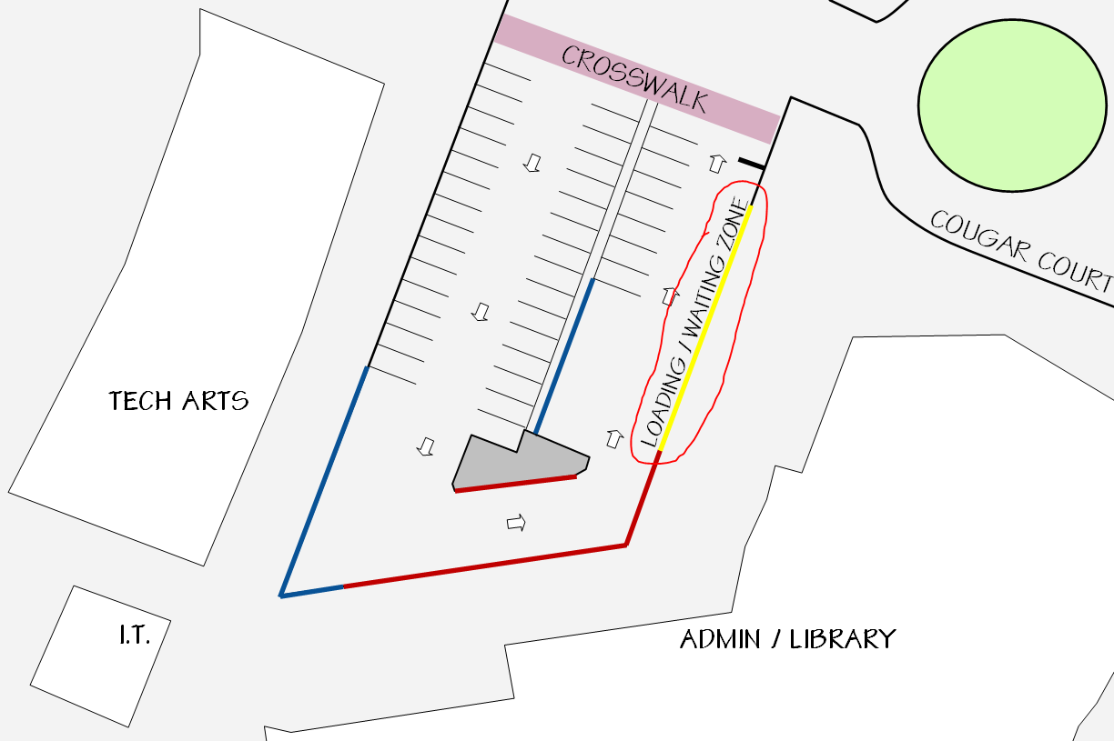 A drawn map showing where the loading/waiting zone is outside of the Admin/Library building