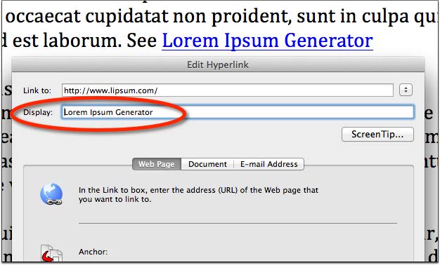 Edit Hyperlink tool in MS Word 2011 for Mac.