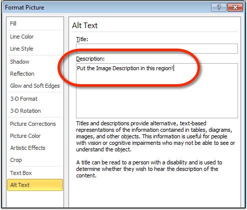 Screenshot of Format Picture window displaying the Alt Text interface and Description region for Microsoft Word 2010