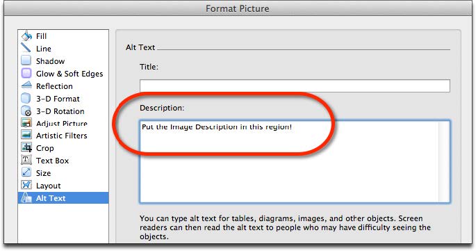 Screenshot of Format Picture window displaying the Alt Text interface for Description region for Word 2011 for Mac
