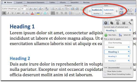Screenshot of Microsoft Word with the "Styles" toolbar highlighted