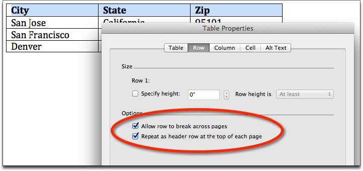 Screenshot of the table properties window with the row tab selected.